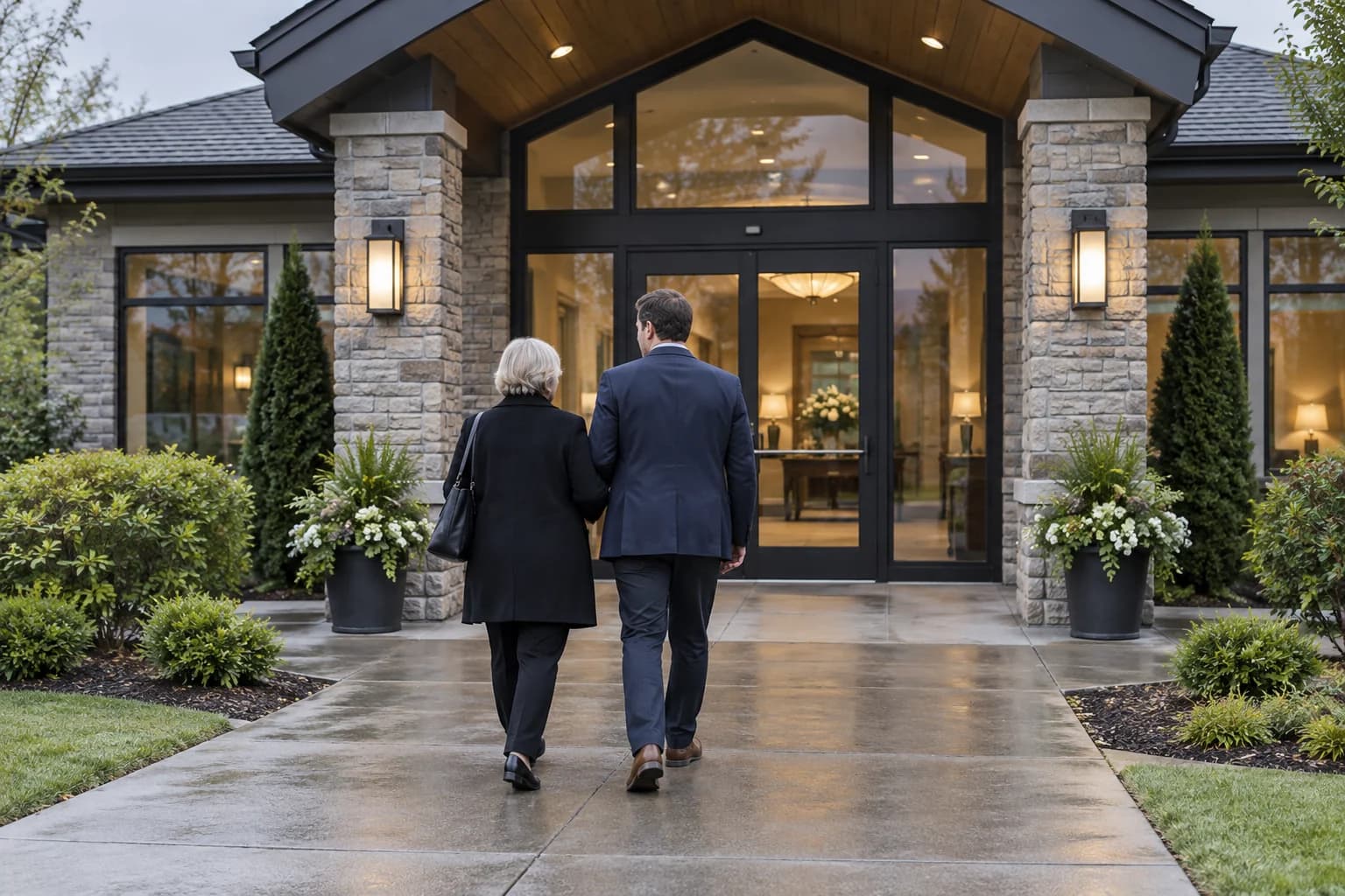 Two relatives approaching the entrance to a funeral home.