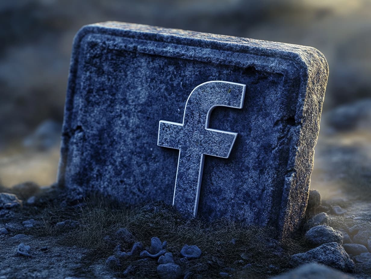 A stylized Facebook logo set within a tranquil memorial scene.
