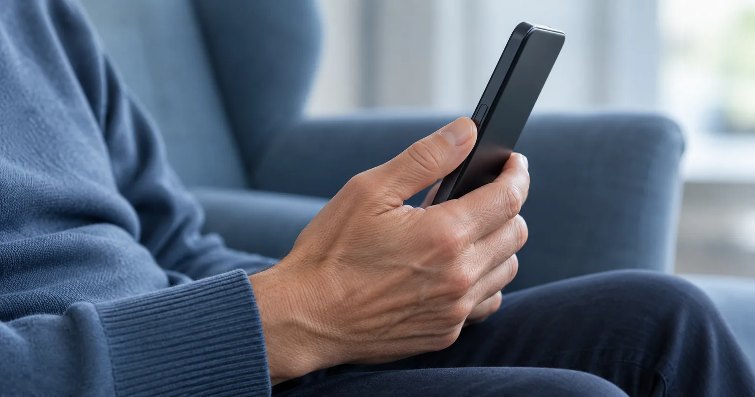 A person holding a phone with their thumb on its side button.