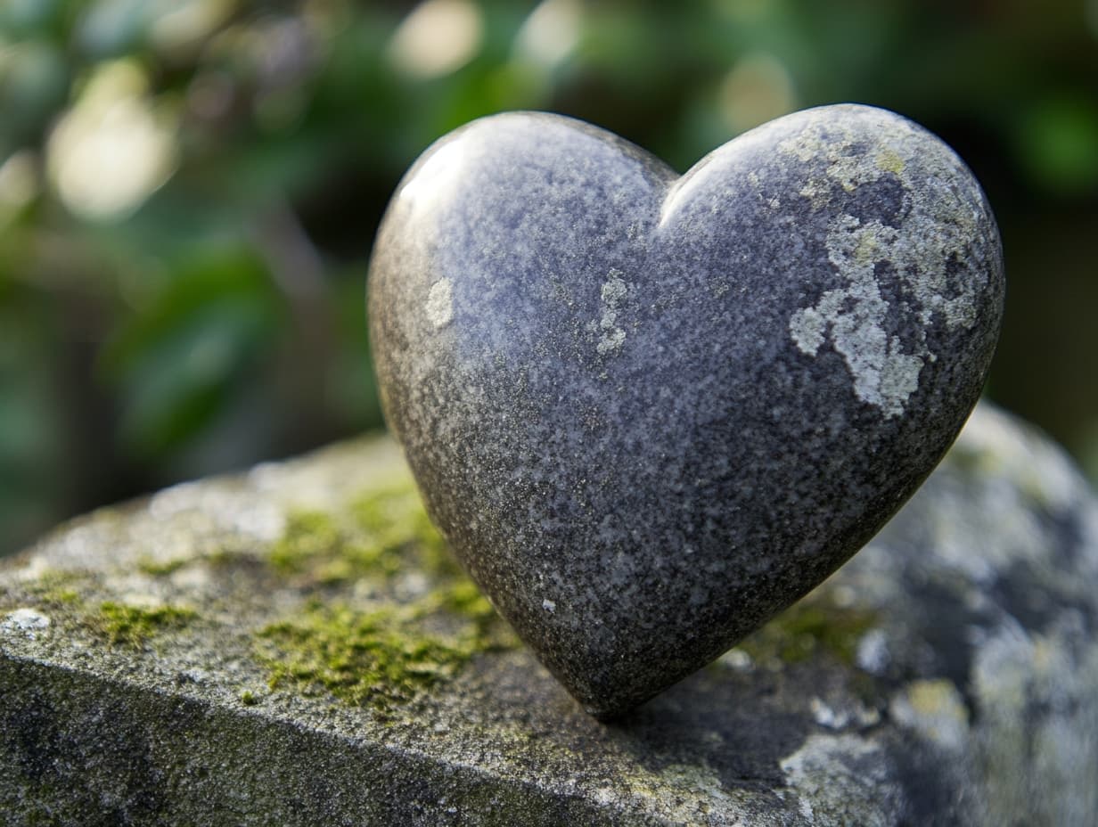 A heart carved into a granite gravestone surrounded by flowers.