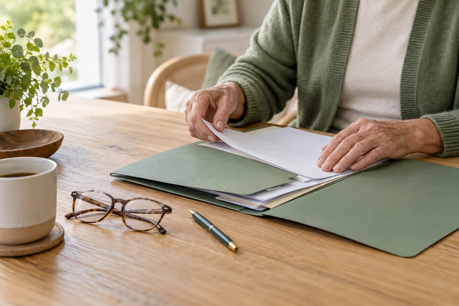 Hands arrange papers in a green folder beside glasses and a pen.