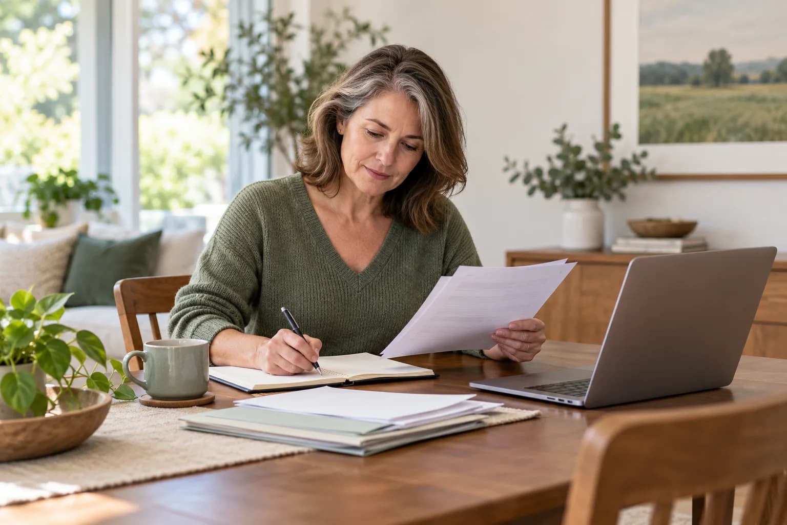 A woman organizes papers beside a laptop and writes in a notebook.