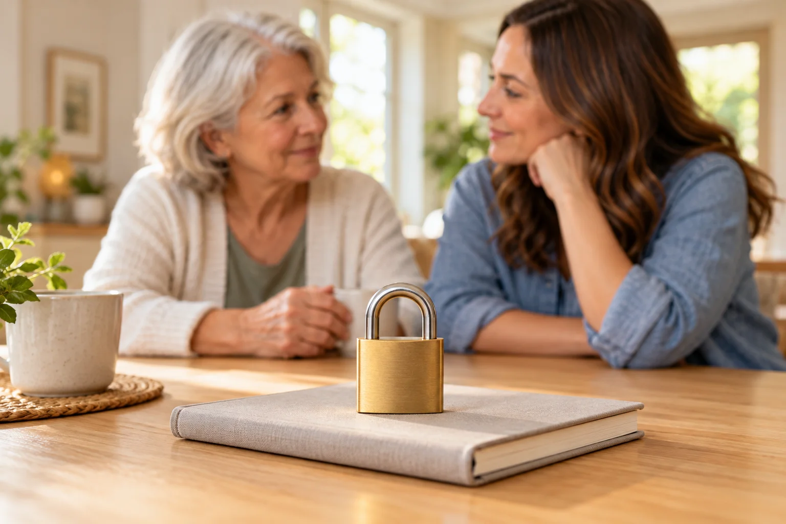 A brass padlock on a closed notebook, with two women talking at a table behind it.