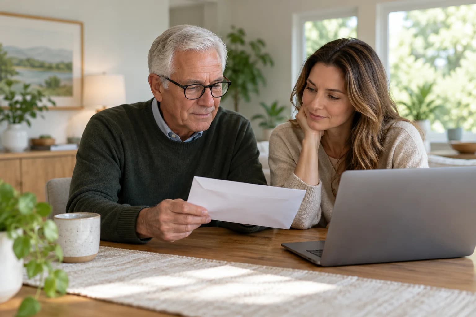 An older man and a woman look at a document together beside a laptop.
