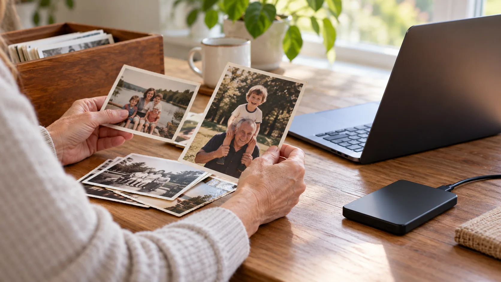 Hands arranging printed family photographs beside a laptop and a storage drive.