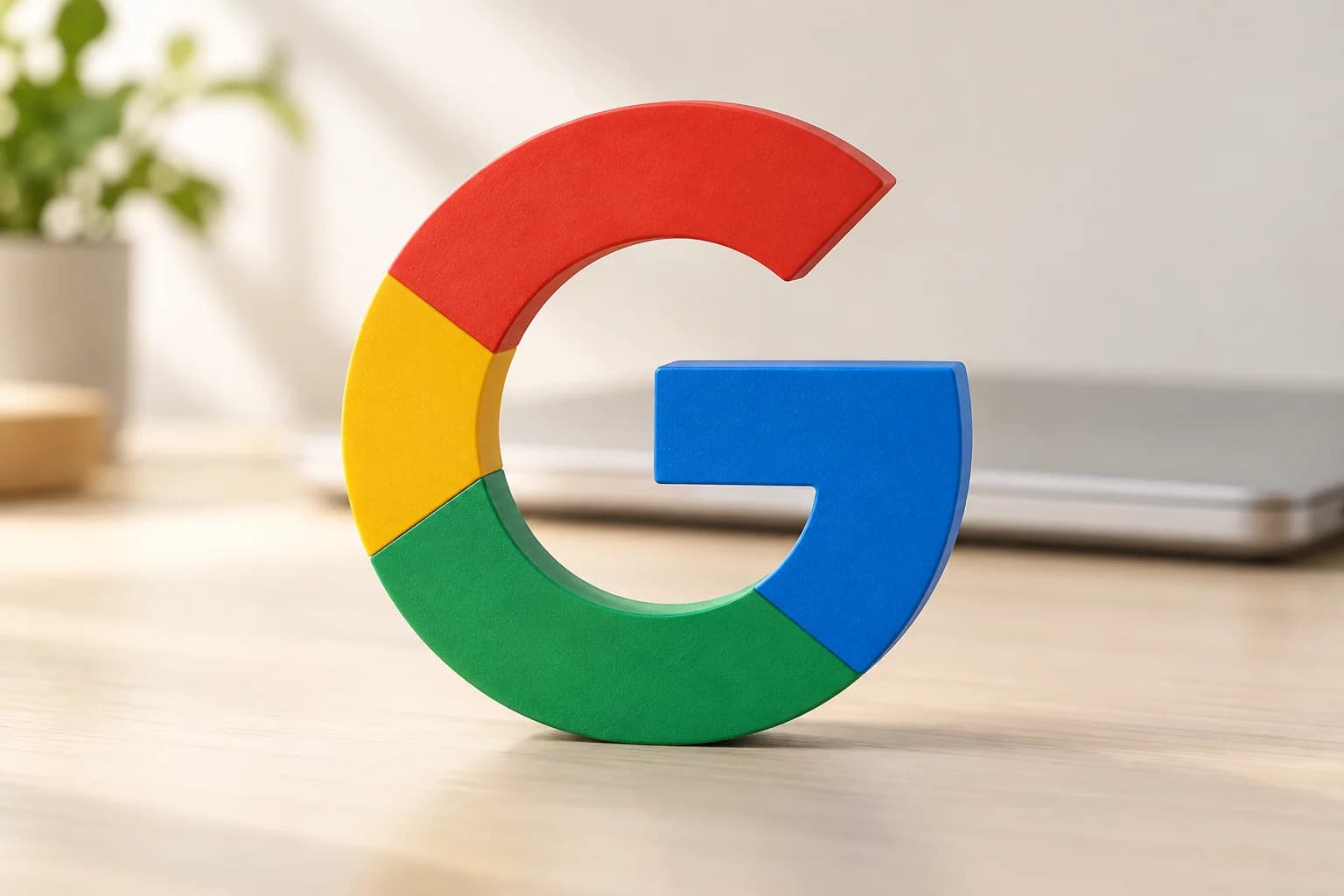 A multicolored Google G logo on a desk in front of a closed laptop.