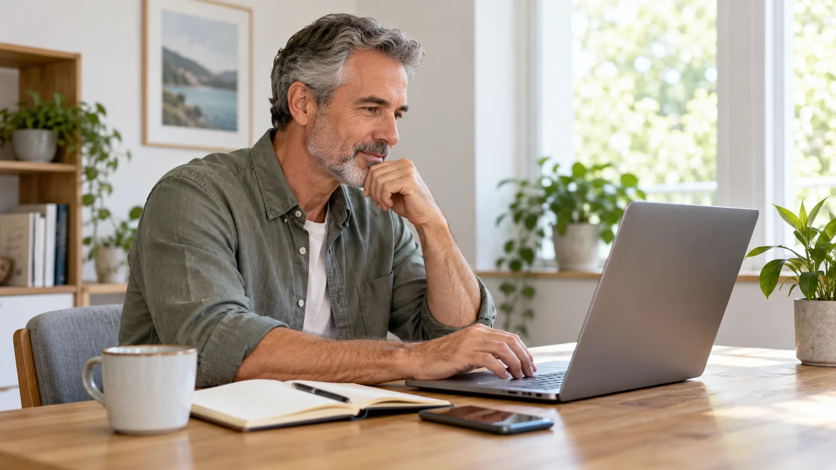 A mature man reviewing a laptop with a notebook and phone on a bright desk.