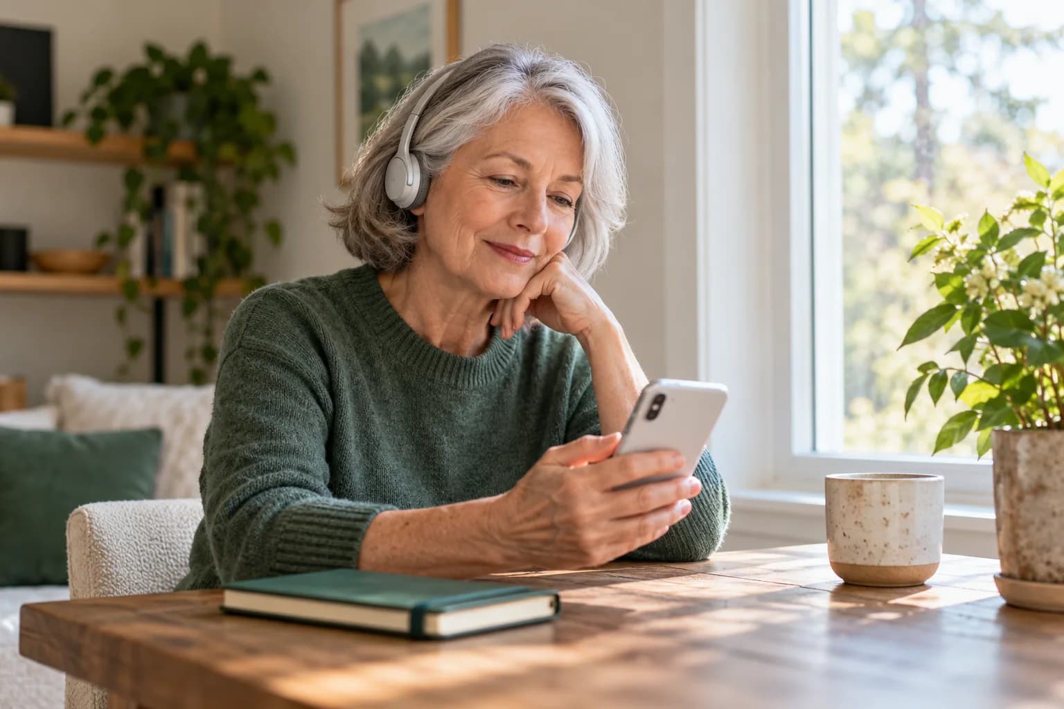 A woman wearing headphones looks at her phone beside a notebook.