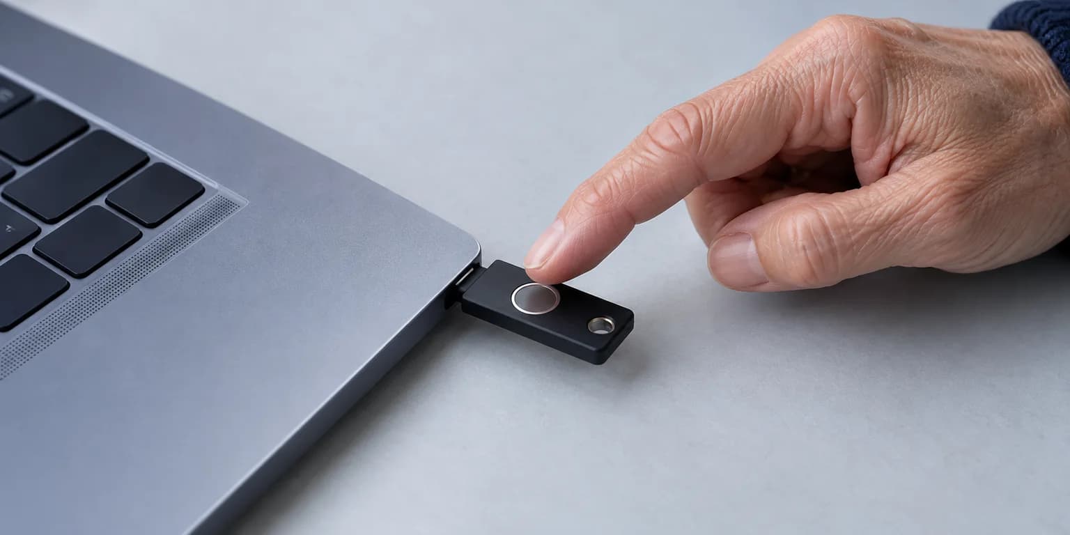 A hand touching a USB security key connected to a laptop.