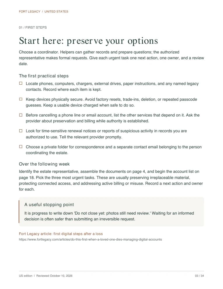 Sample page: Start here, preserve your options, with the first practical steps after a death