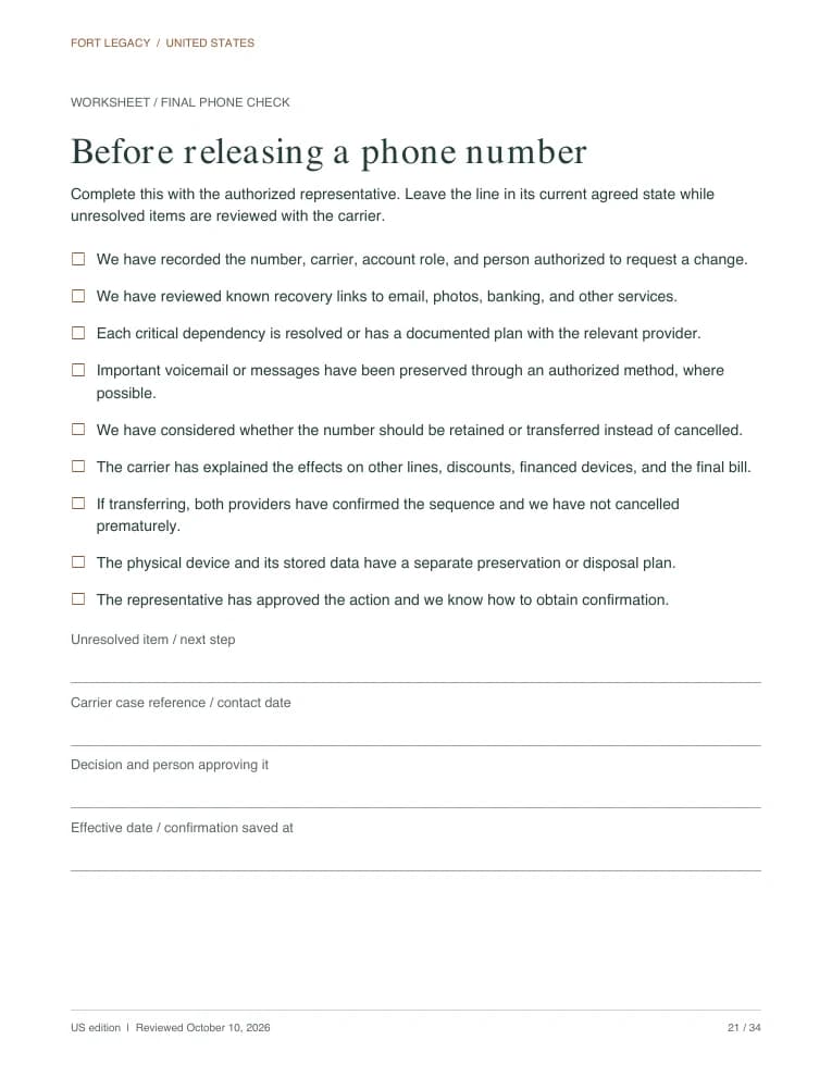 Sample fillable worksheet: checks to complete before releasing a phone number